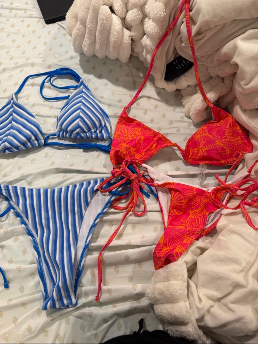 SHEIN Blue & White Striped and Pink-Red Floral Tie Bikini Set